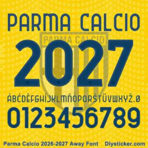 Complete royal blue alphabet vectors and textured mesh number character map sheet for Parma Calcio 2026-2027 away font