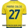 parma-calcio-2026-2027-away-font-jersey-effect Parma Calcio 2026-2027 away font applied on yellow jersey back showing dark blue PARMA CALCIO text and number 27