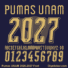 Complete gold alphabet letter vectors and 3D number character map sheet for Pumas UNAM 2026-2027 font download