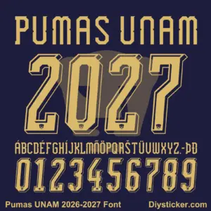 Complete gold alphabet letter vectors and 3D number character map sheet for Pumas UNAM 2026-2027 font download