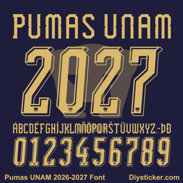 Complete gold alphabet letter vectors and 3D number character map sheet for Pumas UNAM 2026-2027 font download