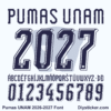Complete navy alphabet letter vectors and 3D number character map sheet for Pumas UNAM 2026-2027 font download