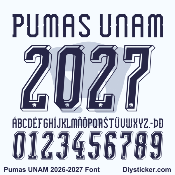 Complete navy alphabet letter vectors and 3D number character map sheet for Pumas UNAM 2026-2027 font download
