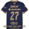 Pumas UNAM 2026-2027 font applied on navy blue jersey back showing gold 3D number twenty seven and sponsor logos