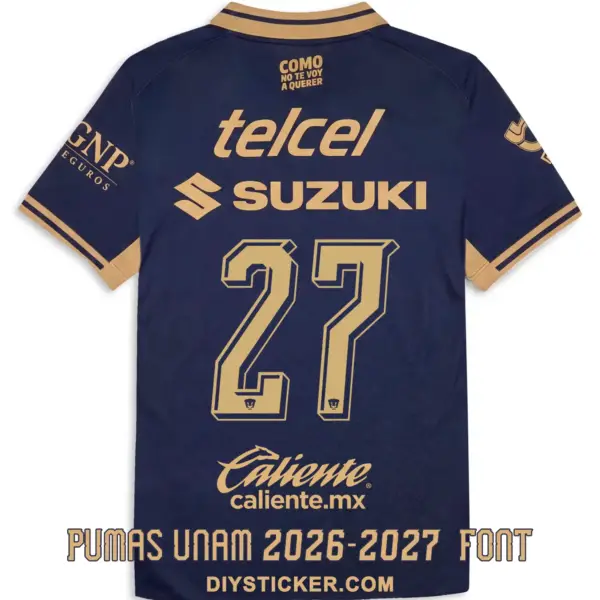 Pumas UNAM 2026-2027 font applied on navy blue jersey back showing gold 3D number twenty seven and sponsor logos