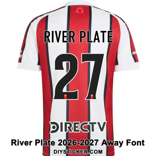 river-plate-20276-2027-away-font-jersey-effect River Plate 2026-2027 away font applied on tricolor striped jersey back showing RIVER PLATE text and number 27