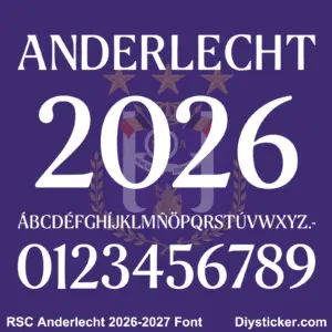 Complete white serif alphabet vectors and number character map sheet for RSC Anderlecht 2026-2027 font
