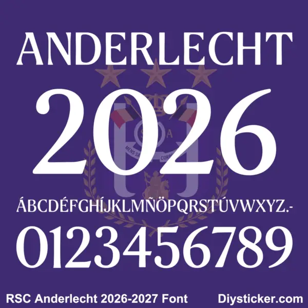 rsc-anderlecht-2026-2027-font-download Complete white serif alphabet vectors and number character map sheet for RSC Anderlecht 2026-2027 font