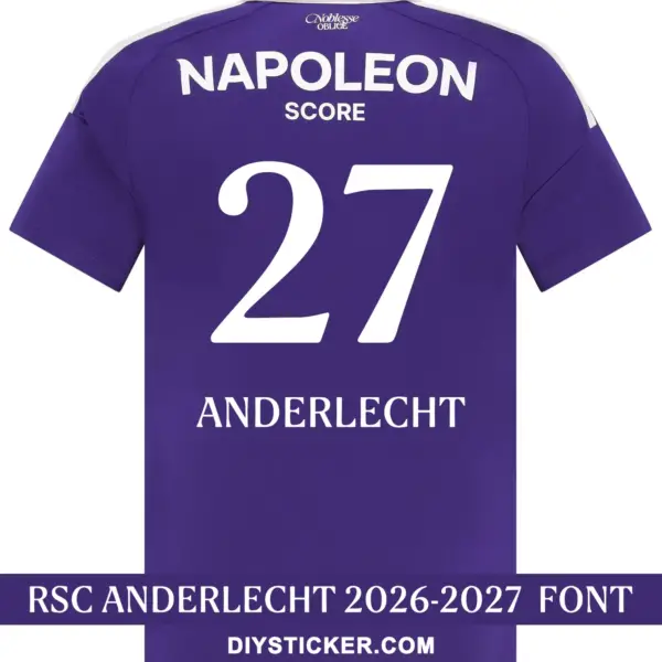 rsc-anderlecht-2026-2027-font-jersey-effect RSC Anderlecht 2026-2027 font applied on purple jersey back showing white ANDERLECHT text and number 27