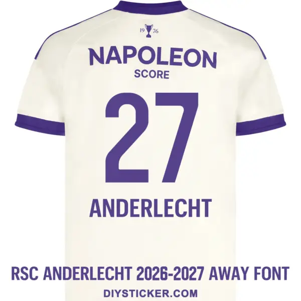 rsc-anderlecht-2026-2027-font-jersey-effect RSC Anderlecht 2026-2027 away font applied on cream jersey back showing purple text and number 27