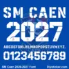 Complete white stencil uppercase alphabet vectors and number character map sheet for SM Caen 206-2027 font on blue background