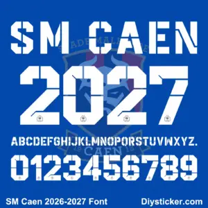 Complete white stencil uppercase alphabet vectors and number character map sheet for SM Caen 206-2027 font on blue background