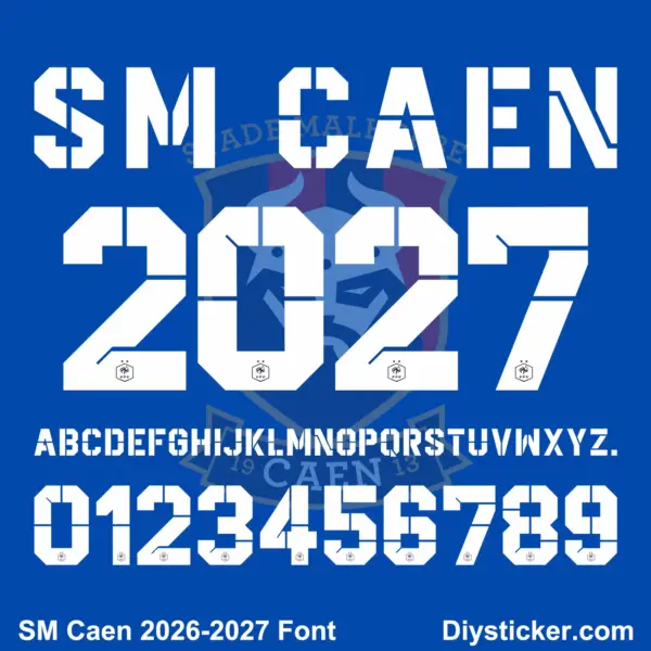 Complete white stencil uppercase alphabet vectors and number character map sheet for SM Caen 206-2027 font on blue background