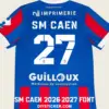 SM Caen 2026-2027 font applied on blue and red striped jersey back showing white SM CAEN text and number 27