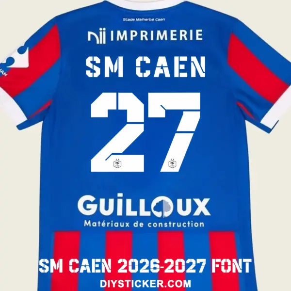 SM Caen 2026-2027 font applied on blue and red striped jersey back showing white SM CAEN text and number 27