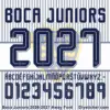Complete navy uppercase alphabet vectors and inlined number character map sheet for Boca Juniors 2026-2027 away font on grey stripes