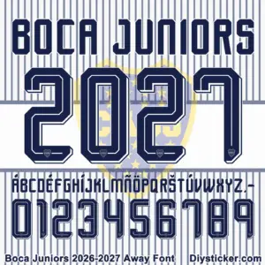 boca-juniors-2026-2027-away-font-downloads Complete navy uppercase alphabet vectors and inlined number character map sheet for Boca Juniors 2026-2027 away font on grey stripes