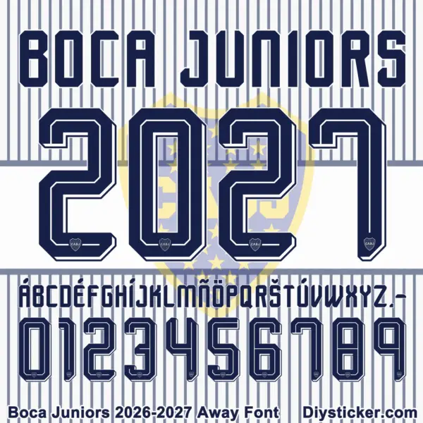 Complete navy uppercase alphabet vectors and inlined number character map sheet for Boca Juniors 2026-2027 away font on grey stripes