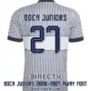 Boca Juniors 2026-2027 font applied on white patterned jersey back showing solid navy BOCA JUNIORS text and number 27