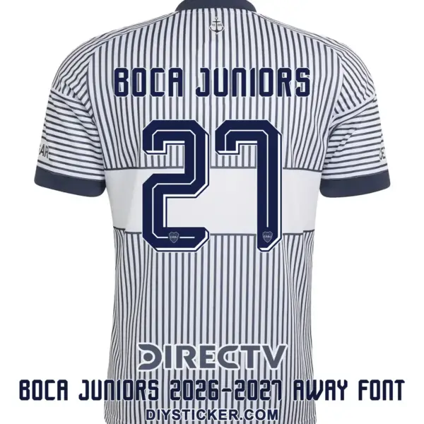 Boca Juniors 2026-2027 font applied on white patterned jersey back showing solid navy BOCA JUNIORS text and number 27