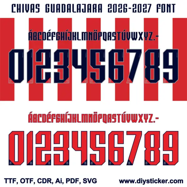 Navy and red colorway options for Chivas Guadalajara 2026-2027 font vector assets showing TTF, OTF, CDR, AI, PDF, SVG