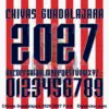 Dark navy uppercase alphabet and number character map sheet for Chivas Guadalajara 2026-2027 font on red stripes