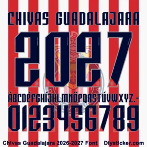 Dark navy uppercase alphabet and number character map sheet for Chivas Guadalajara 2026-2027 font on red stripes
