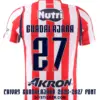 Chivas Guadalajara 2026-2027 font applied on red and white jersey back showing navy GUADALAJARA text and number 27