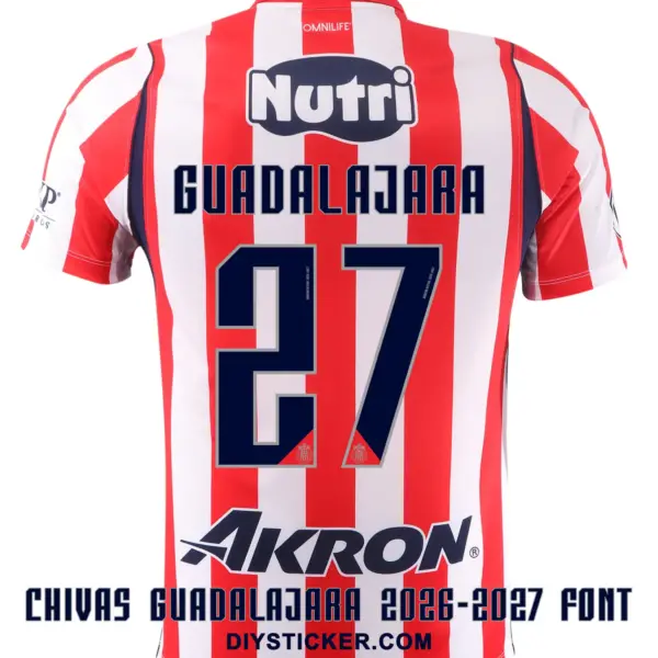 Chivas Guadalajara 2026-2027 font applied on red and white jersey back showing navy GUADALAJARA text and number 27