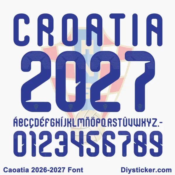 croatia-2026-2027-font Royal blue uppercase alphabet and number character map sheet for Croatia 2026-2027 Font with HNS crest watermark