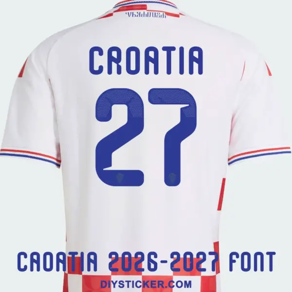croatia-2026-2027-font-jersey-effect Croatia 2026-2027 font applied on white kit back showing blue CROATIA nameplate and number 27 with gradient dots