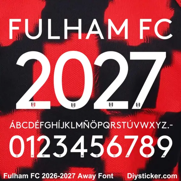 White uppercase alphabet vectors and number character map sheet for Fulham FC 2026-2027 away font on red background