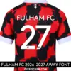 Fulham FC 2026-2027 away font applied on red and black patterned jersey back showing white FULHAM FC text and squad number 27