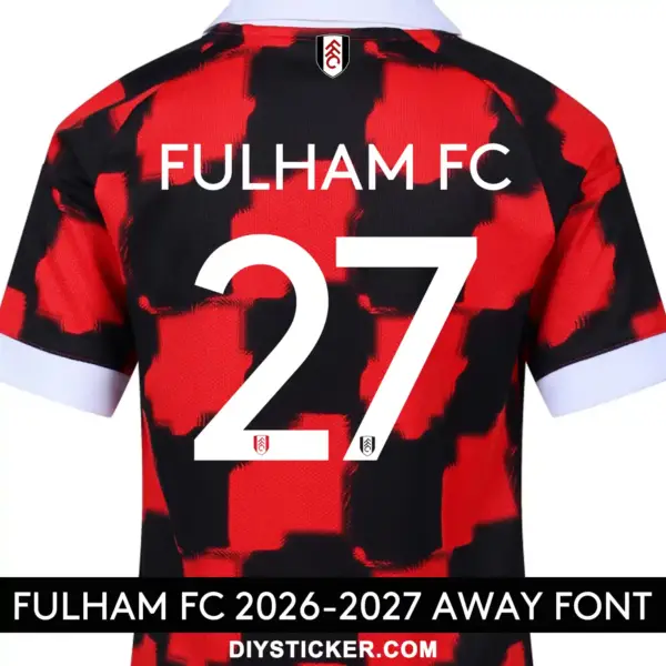 Fulham FC 2026-2027 away font applied on red and black patterned jersey back showing white FULHAM FC text and squad number 27