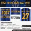 Inter Milan 2026-2027 font product specifications banner with yellow numbers preview and jersey mockup