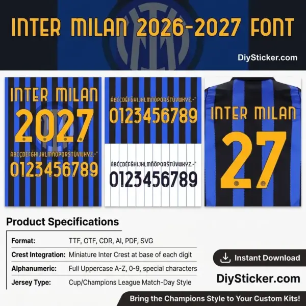 Inter Milan 2026-2027 font product specifications banner with yellow numbers preview and jersey mockup