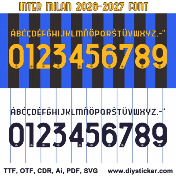 Yellow and dark blue colorway options for Inter Milan 2026-2027 font vector assets showing TTF, OTF, CDR, AI, PDF, SVG