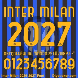 inter-milan-2026-2027-font-download Yellow uppercase alphabet and number character map sheet for Inter Milan 2026-2027 font on black blue stripes