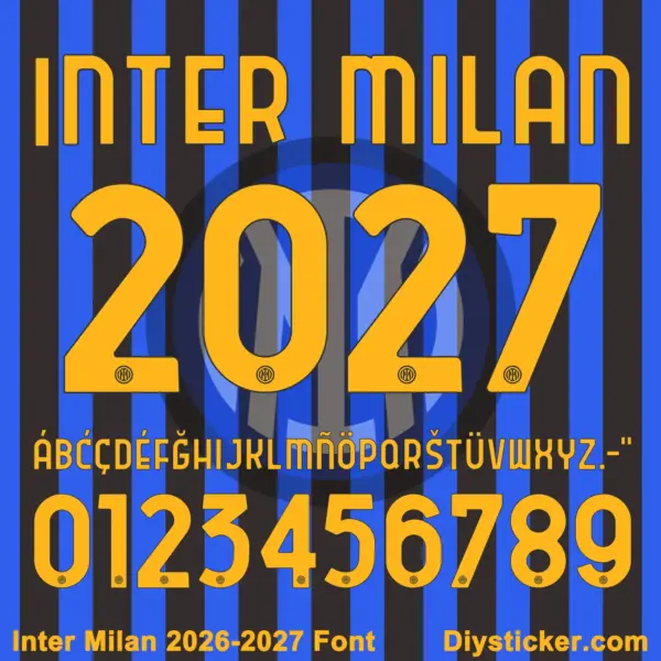 Yellow uppercase alphabet and number character map sheet for Inter Milan 2026-2027 font on black blue stripes