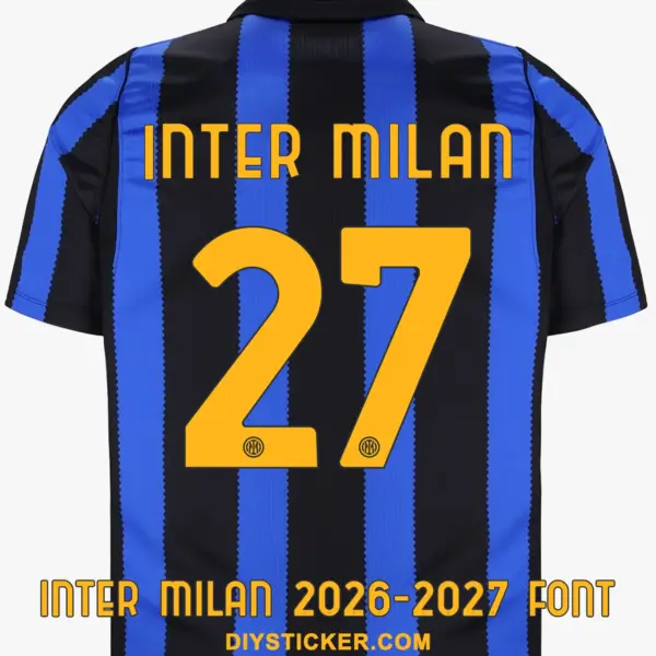 Multi-Colorway and File Format Display for Inter Milan 2026-2027 Kit Font. Highlights the vibrant yellow and dark blue number sets alongside supported vector formats including TTF, OTF, CDR, AI, PDF, and SVG for plotters and heat press customization.