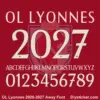ol-lyonnes-2026-2027-away-font-download Complete cream uppercase alphabet vectors and number character map sheet for OL Lyonnes 2026-2027 away font on red background