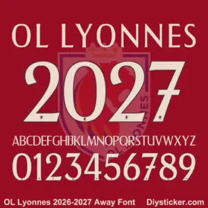 Complete cream uppercase alphabet vectors and number character map sheet for OL Lyonnes 2026-2027 away font on red background