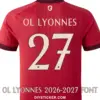 ol-lyonnes-2026-2027-away-font-jersey-effect OL Lyonnes 2026-2027 away font applied on red jersey back showing cream OL LYONNES text and squad number 27