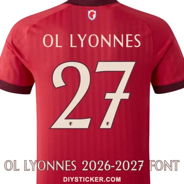ol-lyonnes-2026-2027-away-font-jersey-effect OL Lyonnes 2026-2027 away font applied on red jersey back showing cream OL LYONNES text and squad number 27