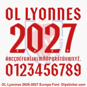 ol-lyonnes-2026-2027-font-download Complete red uppercase alphabet vectors and inlined number character map sheet for OL Lyonnes 2026-2027 font