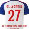ol-lyonnes-2026-2027-font-jersey-effect OL Lyonnes 2026-2027 font applied on white jersey back showing red OL LYONNES text and number 27