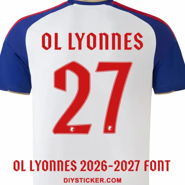 ol-lyonnes-2026-2027-font-jersey-effect OL Lyonnes 2026-2027 font applied on white jersey back showing red OL LYONNES text and number 27