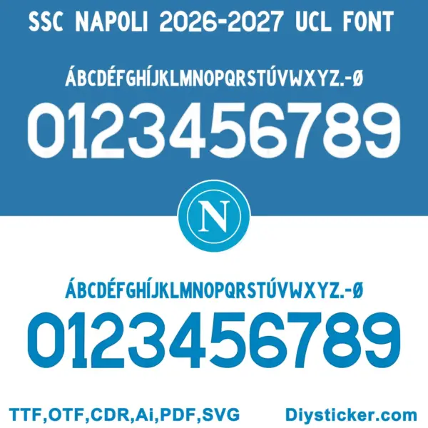 ssc-napoli-2026-2027-ucl-font White and blue colorway options for SSC Napoli 2026-2027 UCL font vector showing TTF, OTF, CDR, AI, PDF, SVG
