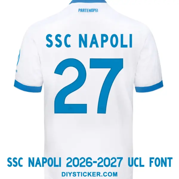 ssc-napoli-2026-2027-ucl-font-away-jersey-effect SSC Napoli 2026-2027 UCL font applied on white away jersey back showing blue SSC NAPOLI text and number 27