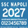 ssc-napoli-2026-2027-ucl-font-download White uppercase alphabet and number character map sheet for SSC Napoli 2026-2027 UCL font on azure blue shirt